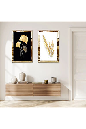 GOLD AYNALI PLEKSİ ÇERÇEVELİ SİYAH BEYAZ ARKA PLANLI GOLD ÇİÇEK VE YAPRAK İKİLİ MDF TABLO SETİ