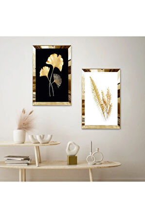 GOLD AYNALI PLEKSİ ÇERÇEVELİ SİYAH BEYAZ ARKA PLANLI GOLD ÇİÇEK VE YAPRAK İKİLİ MDF TABLO SETİ