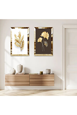 GOLD AYNALI PLEKSİ ÇERÇEVELİ KAHVERENGİ BEYAZ ARKA PLANLI GOLD ÇİÇEK İKİLİ MDF TABLO SETİ