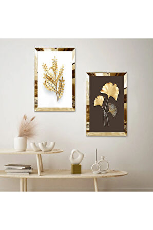 GOLD AYNALI PLEKSİ ÇERÇEVELİ KAHVERENGİ BEYAZ ARKA PLANLI GOLD ÇİÇEK İKİLİ MDF TABLO SETİ