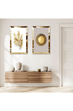 GOLD AYNALI PLEKSİ ÇERÇEVELİ GRİ BEYAZ ARKA PLANLI GOLD ÇİÇEK İKİLİ MDF TABLO SETİ