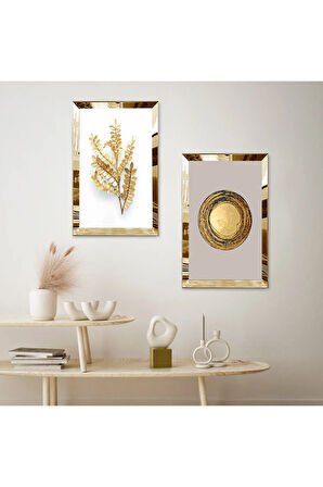 GOLD AYNALI PLEKSİ ÇERÇEVELİ GRİ BEYAZ ARKA PLANLI GOLD ÇİÇEK İKİLİ MDF TABLO SETİ