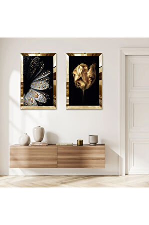 GOLD AYNALI PLEKSİ ÇERÇEVELİ GOLD VE GRİ ÇİÇEK VE GOLD SU DAMLACIĞI İKİLİ MDF TABLO SETİ