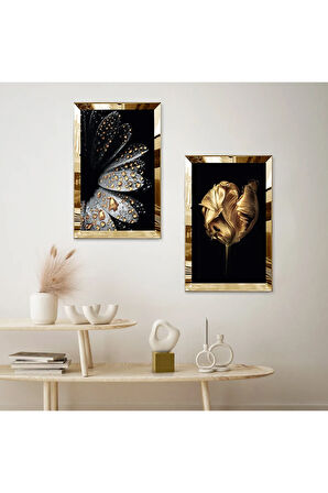 GOLD AYNALI PLEKSİ ÇERÇEVELİ GOLD VE GRİ ÇİÇEK VE GOLD SU DAMLACIĞI İKİLİ MDF TABLO SETİ