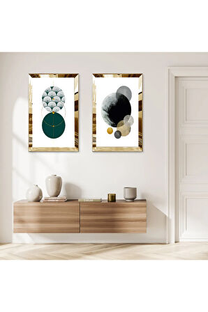 GOLD AYNALI PLEKSİ ÇERÇEVELİ BEYAZ ARKA PLANLI MİNİMALİST ŞEKİLLER İKİLİ MDF TABLO SETİ