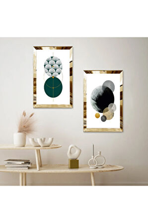 GOLD AYNALI PLEKSİ ÇERÇEVELİ BEYAZ ARKA PLANLI MİNİMALİST ŞEKİLLER İKİLİ MDF TABLO SETİ