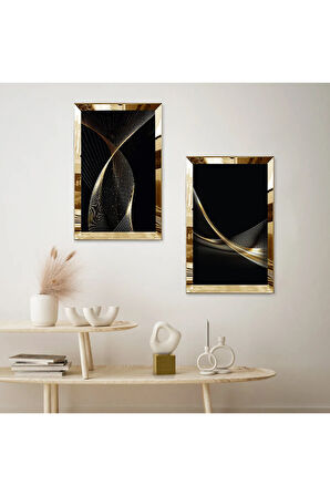 GOLD AYNALI PLEKSİ ÇERÇEVELİ GOLD ÇİZGİSEL SOYUT TASARIM İKİLİ MDF TABLO SETİ