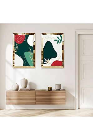GOLD AYNALI PLEKSİ ÇERÇEVELİ BEYAZ ARKA PLANLI RENKLİ ŞEKİLLER İKİLİ MDF TABLO SETİ