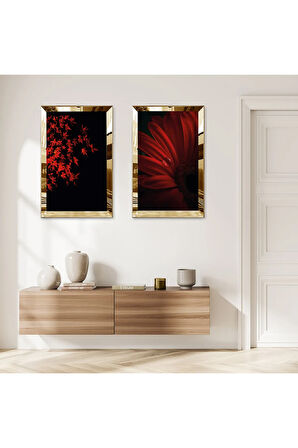 GOLD AYNALI PLEKSİ ÇERÇEVELİ SİYAH ARKA PLANLI KIRMIZI ÇİÇEKLER İKİLİ MDF TABLO SETİ