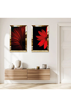 GOLD AYNALI PLEKSİ ÇERÇEVELİ SİYAH ARKA PLANLI KIRMIZI MODERN ÇİÇEKLER İKİLİ MDF TABLO SETİ