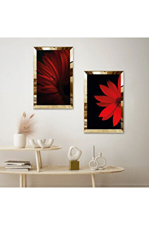 GOLD AYNALI PLEKSİ ÇERÇEVELİ SİYAH ARKA PLANLI KIRMIZI MODERN ÇİÇEKLER İKİLİ MDF TABLO SETİ