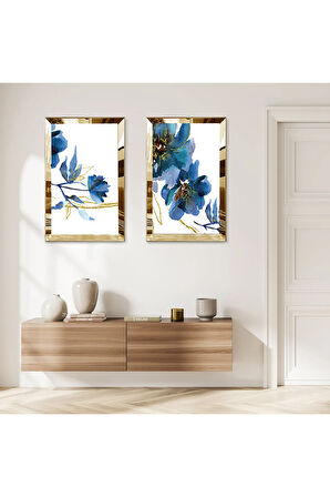 GOLD AYNALI PLEKSİ ÇERÇEVELİ BEYAZ ARKA PLANLI MAVİ YOĞUN ÇİÇEKLER İKİLİ MDF TABLO SETİ