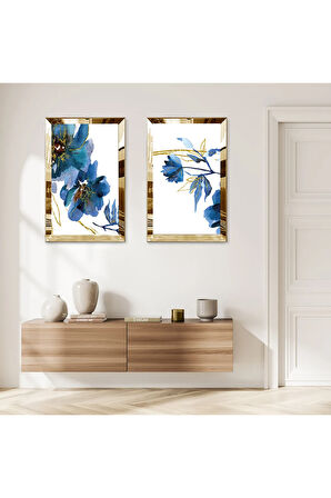GOLD AYNALI PLEKSİ ÇERÇEVELİ BEYAZ ARKA PLANLI MAVİ MODERN ÇİÇEKLER İKİLİ MDF TABLO SETİ