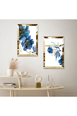 GOLD AYNALI PLEKSİ ÇERÇEVELİ BEYAZ ARKA PLANLI MAVİ MODERN ÇİÇEKLER İKİLİ MDF TABLO SETİ