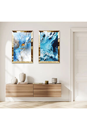 GOLD AYNALI PLEKSİ ÇERÇEVELİ MAVİ MODERN DALGALAR İKİLİ MDF TABLO SETİ
