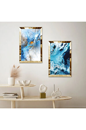 GOLD AYNALI PLEKSİ ÇERÇEVELİ MAVİ MODERN DALGALAR İKİLİ MDF TABLO SETİ