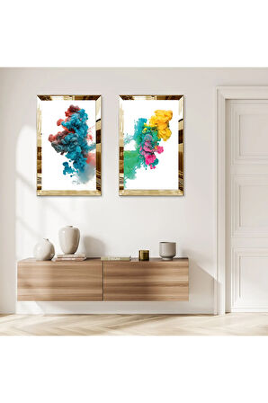 GOLD AYNALI PLEKSİ ÇERÇEVELİ BEYAZ ARKA PLANLI RENKLİ SOYUT DUMAMLAR İKİLİ MDF TABLO SETİ