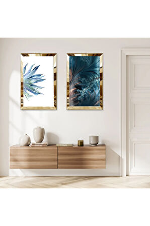 GOLD AYNALI PLEKSİ ÇERÇEVELİ BEYAZ ARKA PLANLI MAVİ ÇİÇEK İKİLİ MDF TABLO SETİ