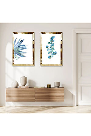 GOLD AYNALI PLEKSİ ÇERÇEVELİ BEYAZ ARKA PLANLI MAVİ MODERN ÇİÇEK İKİLİ MDF TABLO SETİ