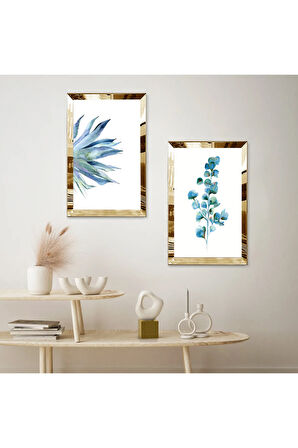 GOLD AYNALI PLEKSİ ÇERÇEVELİ BEYAZ ARKA PLANLI MAVİ MODERN ÇİÇEK İKİLİ MDF TABLO SETİ