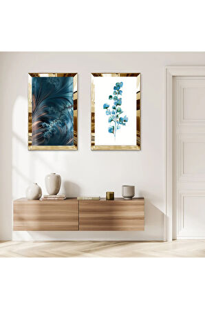 GOLD AYNALI PLEKSİ ÇERÇEVELİ BEYAZ ARKA PLANLI MAVİ SOYUT ÇİÇEK İKİLİ MDF TABLO SETİ