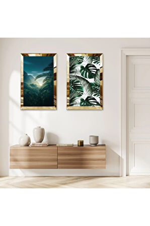GOLD AYNALI PLEKSİ ÇERÇEVELİ BAYAZ ARKA PLANLI YEŞİL MODERN ÇİÇEKLER İKİLİ MDF TABLO SETİ
