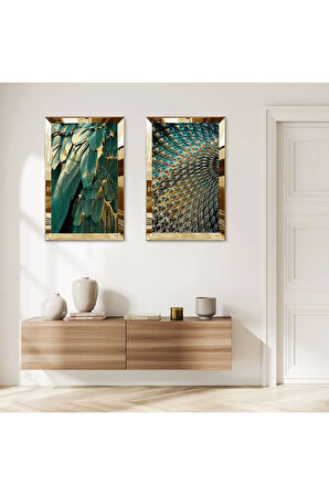 GOLD AYNALI PLEKSİ ÇERÇEVELİ YOĞUN YEŞİL YAPRAKLAR İKİLİ MDF TABLO SETİ