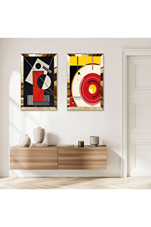 GOLD AYNALI PLEKSİ ÇERÇEVELİ MODERN MİNİMALİST ŞEKİLLER İKİLİ MDF TABLO SETİ