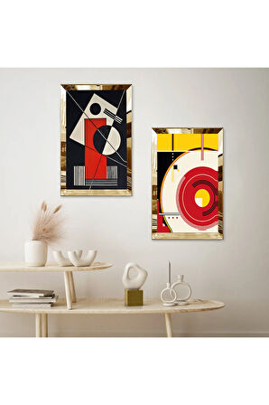 GOLD AYNALI PLEKSİ ÇERÇEVELİ MODERN MİNİMALİST ŞEKİLLER İKİLİ MDF TABLO SETİ