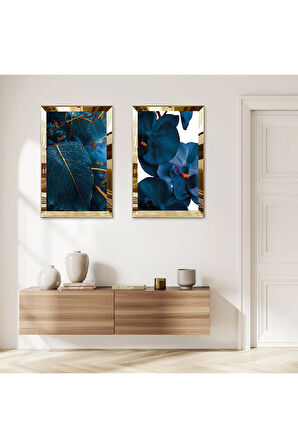 GOLD AYNALI PLEKSİ ÇERÇEVELİ BEYAZ ARKA PLANLI MAVİ SOYUT YAPRAKLAR İKİLİ MDF TABLO SETİ