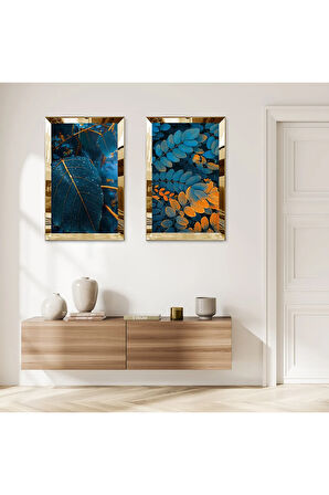 GOLD AYNALI PLEKSİ ÇERÇEVELİ BEYAZ ARKA PLANLI MAVİ SARI ÇİÇEKLER İKİLİ MDF TABLO SETİ
