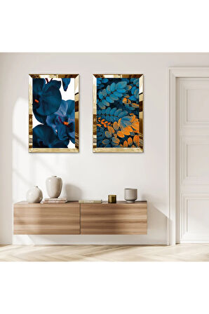 GOLD AYNALI PLEKSİ ÇERÇEVELİ BEYAZ ARKA PLANLI MAVİ MODERN YAPRAKLAR İKİLİ MDF TABLO SETİ