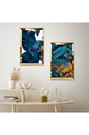 GOLD AYNALI PLEKSİ ÇERÇEVELİ BEYAZ ARKA PLANLI MAVİ MODERN YAPRAKLAR İKİLİ MDF TABLO SETİ