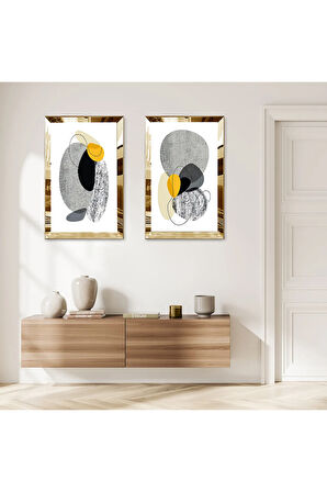 GOLD AYNALI PLEKSİ ÇERÇEVELİ BEYAZ ARKA PLANLI RENKLİ SOYUT MİNİMALİST ŞEKİLLER İKİLİ MDF TABLO SETİ