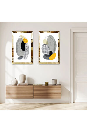 GOLD AYNALI PLEKSİ ÇERÇEVELİ RENKLİ MODERN MİNİMALİST ŞEKİLLER İKİLİ MDF TABLO SETİ