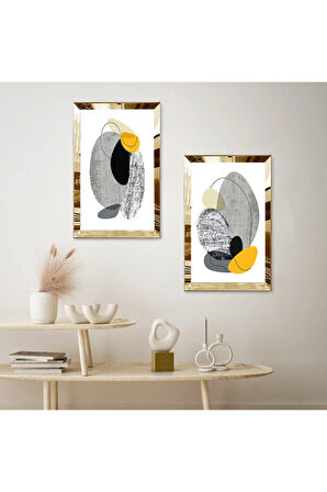 GOLD AYNALI PLEKSİ ÇERÇEVELİ RENKLİ MODERN MİNİMALİST ŞEKİLLER İKİLİ MDF TABLO SETİ
