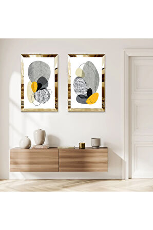GOLD AYNALI PLEKSİ ÇERÇEVELİ BEYAZ ARKA PLANLI RENKLİ MİNİMALİST ŞEKİLLER İKİLİ MDF TABLO SETİ