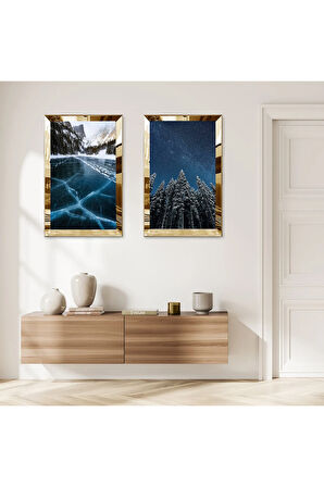 GOLD AYNALI PLEKSİ ÇERÇEVELİ DAĞ KAR VE GECE MAZNZARALARI MODERN İKİLİ MDF TABLO SETİ