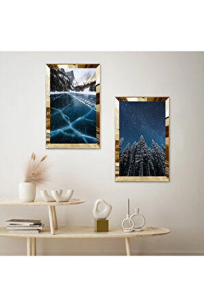 GOLD AYNALI PLEKSİ ÇERÇEVELİ DAĞ KAR VE GECE MAZNZARALARI MODERN İKİLİ MDF TABLO SETİ