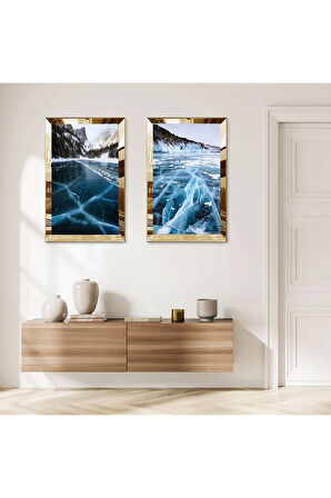 GOLD AYNALI PLEKSİ ÇERÇEVELİ DAĞ KAR VE GECE MAZNZARALARI SOYUT İKİLİ MDF TABLO SETİ