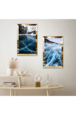 GOLD AYNALI PLEKSİ ÇERÇEVELİ DAĞ KAR VE GECE MAZNZARALARI SOYUT İKİLİ MDF TABLO SETİ