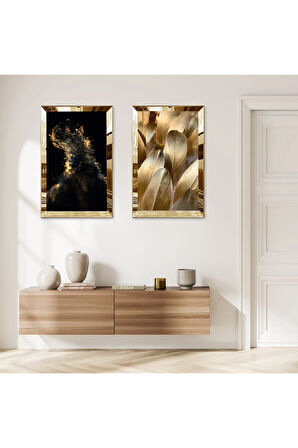 GOLD AYNALI PLEKSİ ÇERÇEVELİ SİYAH BEYAZ ARKA PLANLI MODERN GOLD ŞEKİLLER İKİLİ MDF TABLO SETİ