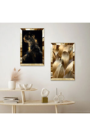 GOLD AYNALI PLEKSİ ÇERÇEVELİ SİYAH BEYAZ ARKA PLANLI MODERN GOLD ŞEKİLLER İKİLİ MDF TABLO SETİ