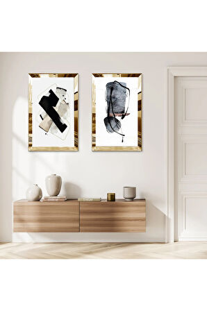 GOLD AYNALI PLEKSİ ÇERÇEVELİ BEYAZ ARKA PLANLI SOYUT MODERN ŞEKİLLER DEKORATİF İKİLİ MDF TABLO SETİ
