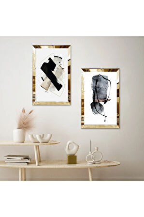 GOLD AYNALI PLEKSİ ÇERÇEVELİ BEYAZ ARKA PLANLI SOYUT MODERN ŞEKİLLER DEKORATİF İKİLİ MDF TABLO SETİ