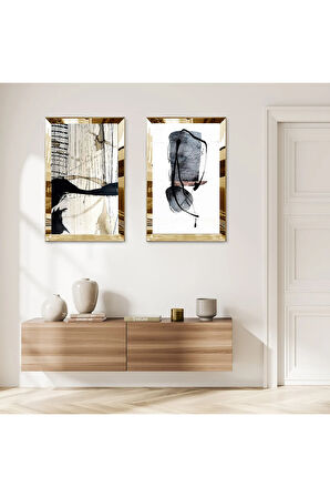 GOLD AYNALI PLEKSİ ÇERÇEVELİ BEYAZ ARKA PLANLI SOYUT SİYAH ŞEKİLLER İKİLİ MDF TABLO SETİ
