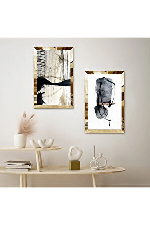 GOLD AYNALI PLEKSİ ÇERÇEVELİ BEYAZ ARKA PLANLI SOYUT SİYAH ŞEKİLLER İKİLİ MDF TABLO SETİ