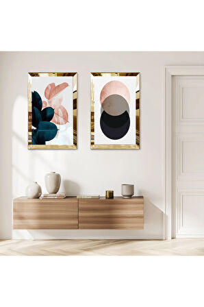 GOLD AYNALI PLEKSİ ÇERÇEVELİ RENKLİ YUVARLAK SOYUT ŞEKİLLER MODERN İKİLİ MDF TABLO SETİ