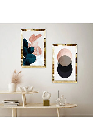 GOLD AYNALI PLEKSİ ÇERÇEVELİ RENKLİ YUVARLAK SOYUT ŞEKİLLER MODERN İKİLİ MDF TABLO SETİ
