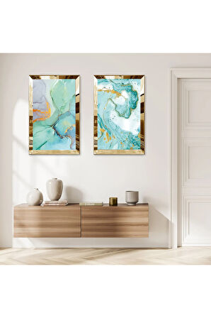 GOLD AYNALI PLEKSİ ÇERÇEVELİ BEYAZ ARKA PLANLI SU YEŞİLİ MODERN DALGALAR İKİLİ MDF TABLO SETİ